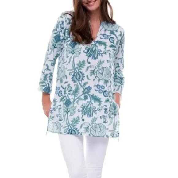 Roberta Roller Rabbit Amanda Kurta Tunic 3/4 Sleeve Floral Paisley Blue Small - Picture 1 of 7